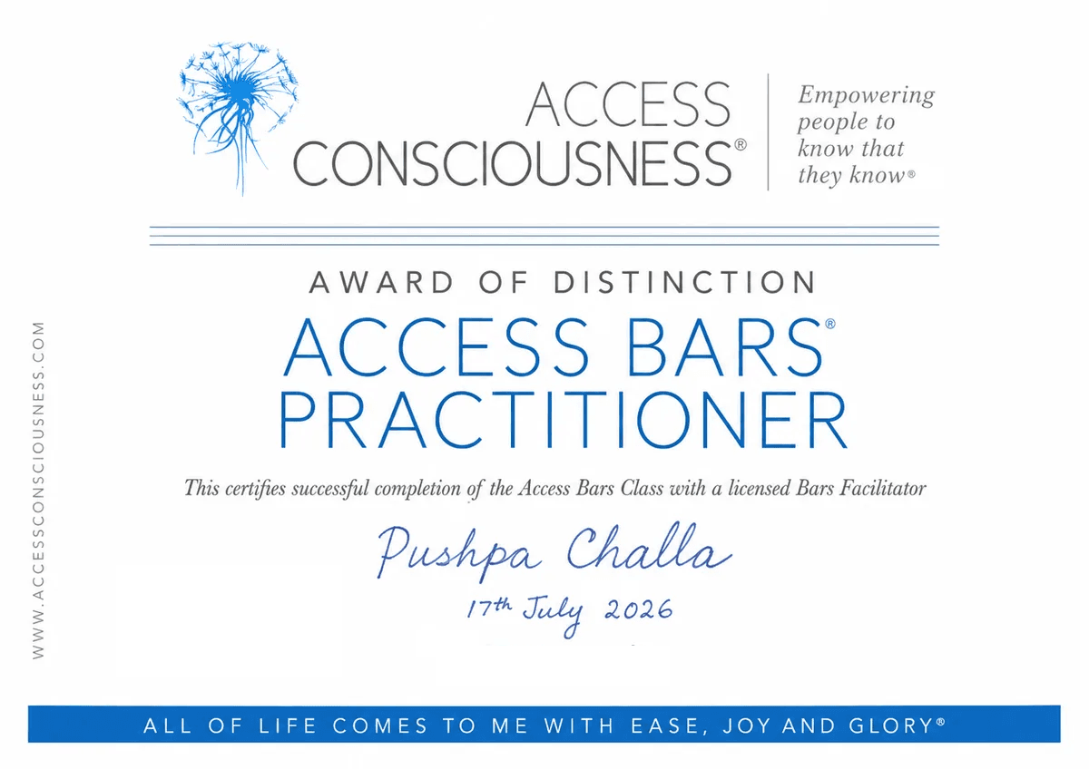 Certified Access Bars® Practitioner certificate awarded to Pushpa Challa